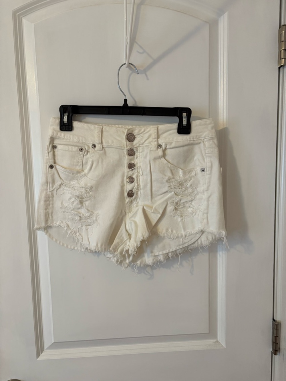 American Eagle High-Rise Distressed White Denim Shorts